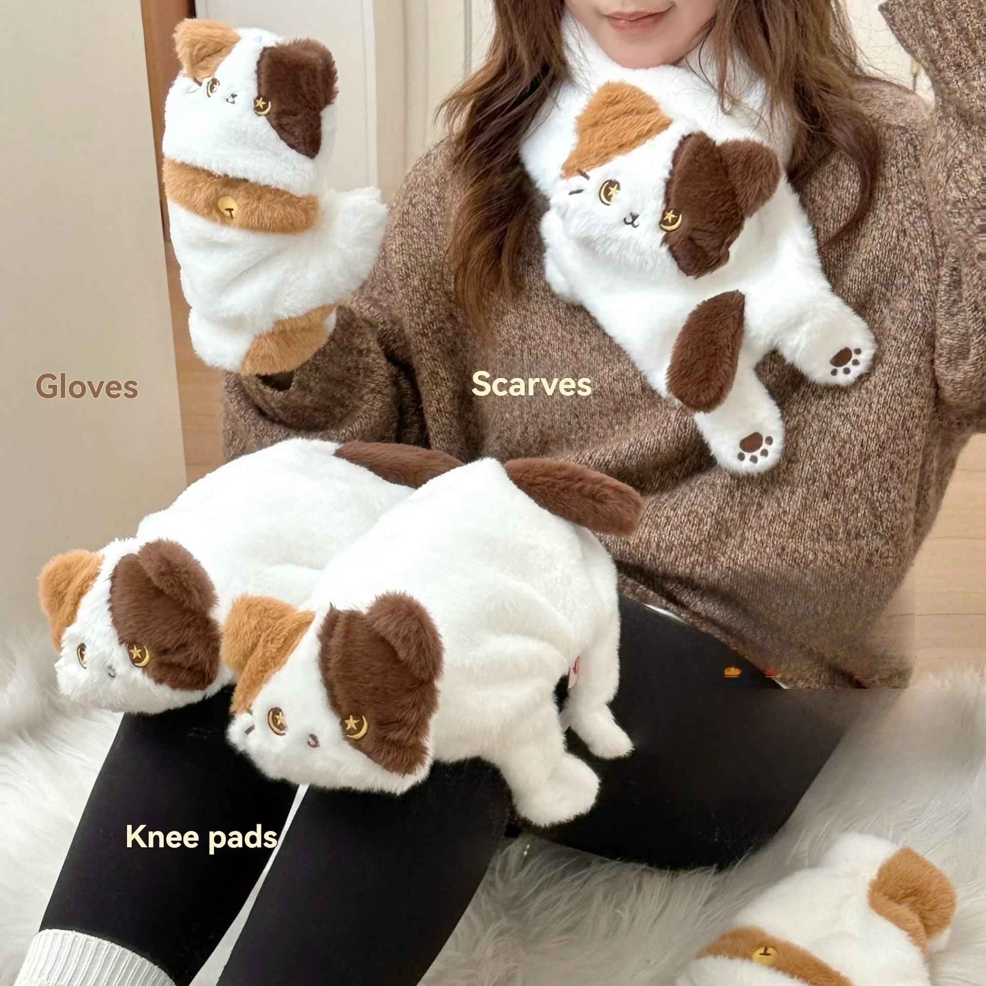 New Winter Cute Cat Gloves Scarf Windproof Knee Protector Set Outdoor Warm Small Scarf