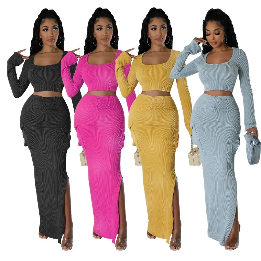 

Women's Fashion Pleated Skirt Set K10658 European American Style Pit Printing with Side Pockets Split Design for