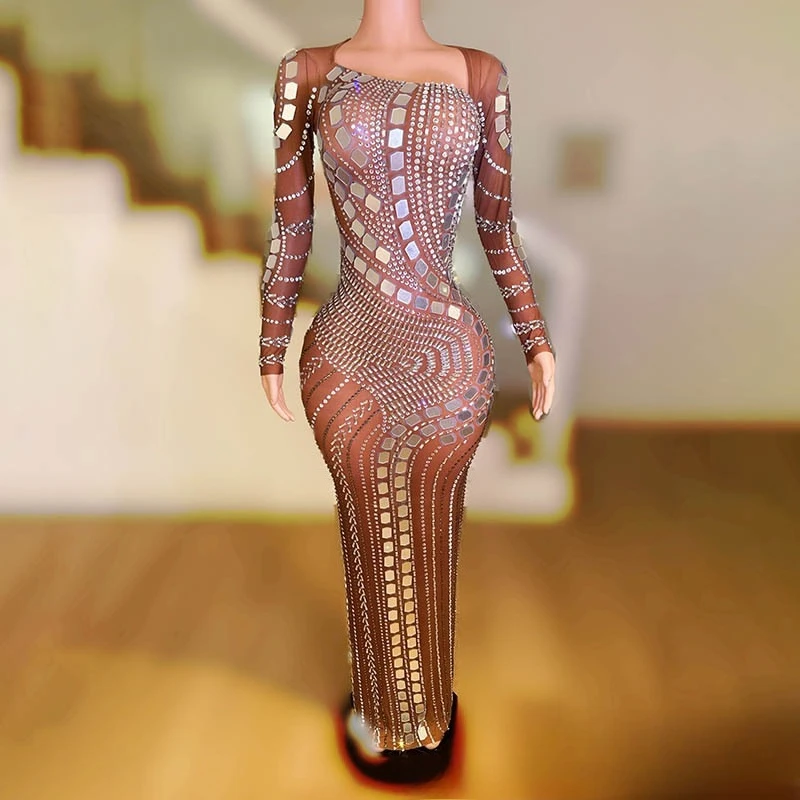 

2025Autumn Light Brown Micro-transparent Temperament Evening Dress Company Annual Meeting Host Performance Clothes Miss Universe