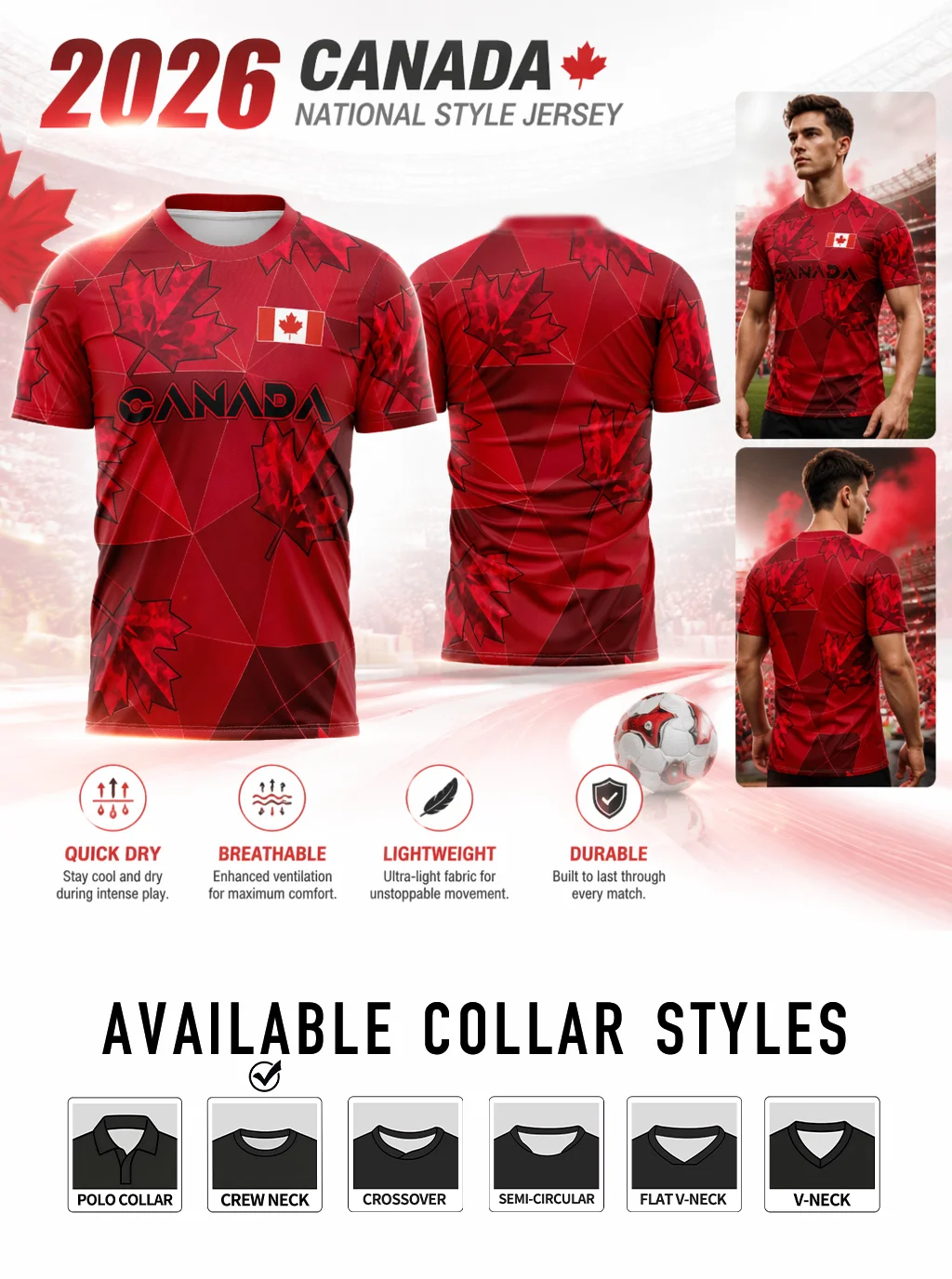 Canada soccer jersey,red geometric background,maple‑leaf print,national badge,quick‑dry,multiple collar styles