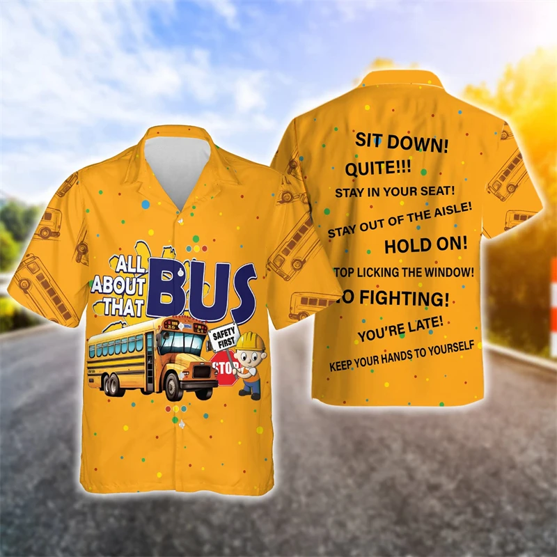 Homens 3D Ônibus Escolar Impresso Camisas, Carro Motorista Gráfico Camisa de Praia, Blusa Aloha Lapel, Tops Havaianos, Roupas Dos Desenhos Animados, Presente Engraçado