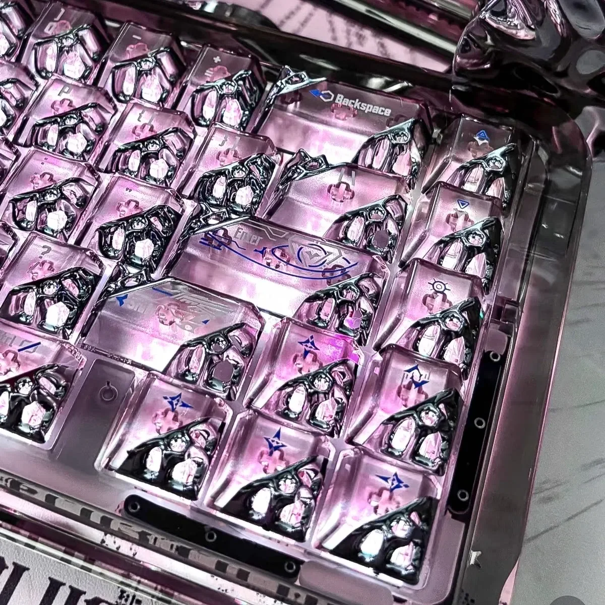 Custom Quantum Honeycomb PC Keycaps Mirror Plating,MX Cross Stem for ROG Azoth EX HFX EV63 MelGeek Made68 Mechanical Hall Effect