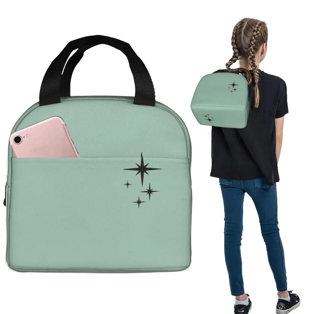 Atomic Age Retro Starburst In Mint Green And Black Insulated Lunch Bag for Women Children Portable Food Boxes Thermal