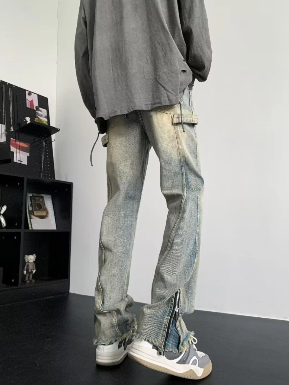 

Мужские джинсы American High Street из желтой окрашенной ткани, осенне-зимние, с эффектом потертости, на молнии, с разрезами, свободные, расклешенные, прямые, длинные