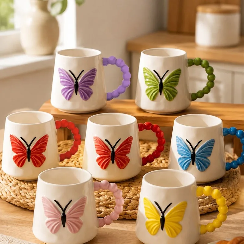 200ml European Ceramic Coffee Cup with Butterfly Relief Beaded Handle Delicate for Afternoon Tea or Flower Tea Coffee Cup Gifts
