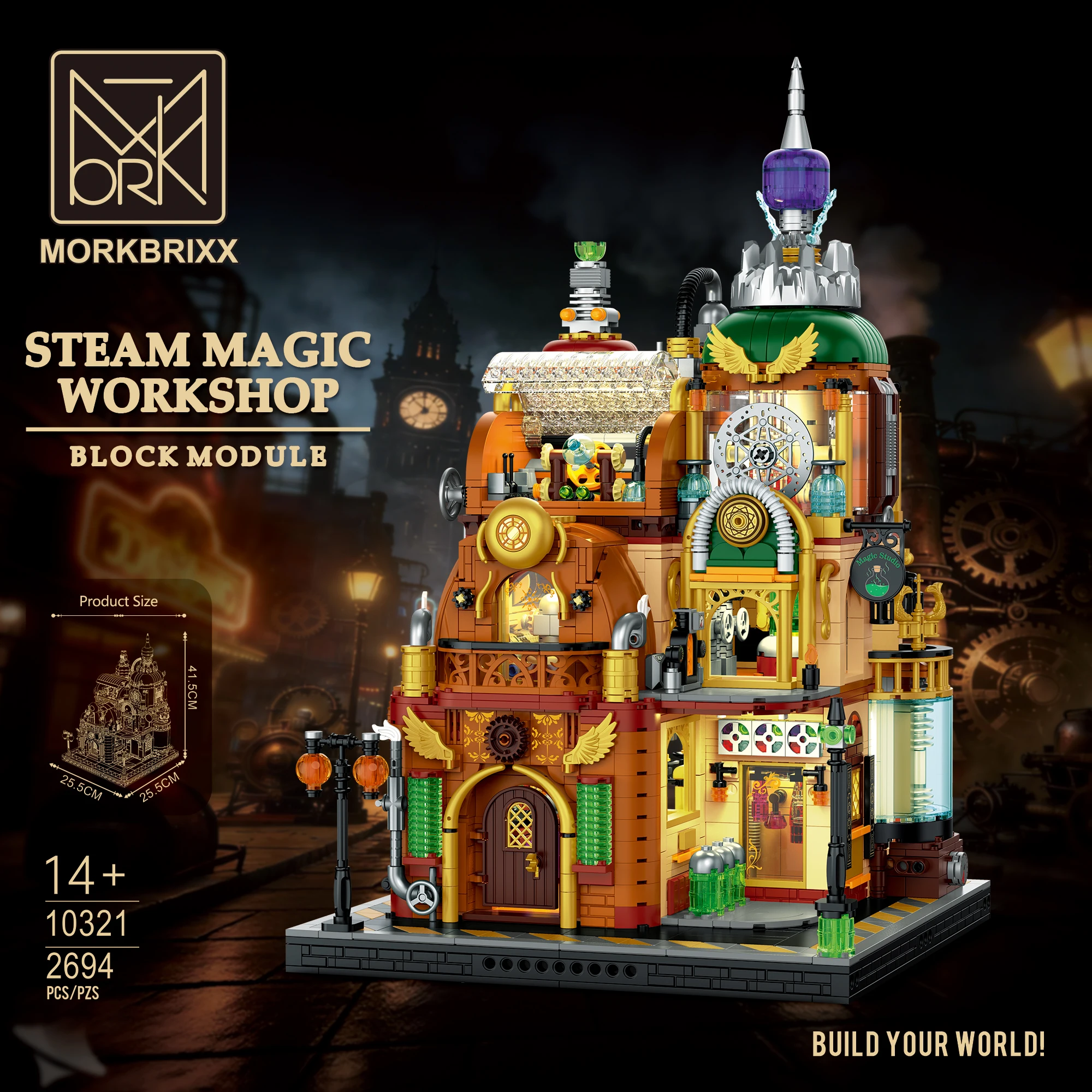 Steampunk Magic Workshop Building Blocks MOC 10321 Ideas Gear Linkage Laboratory Bricks Modular Wizard Factory Model Toy Gift