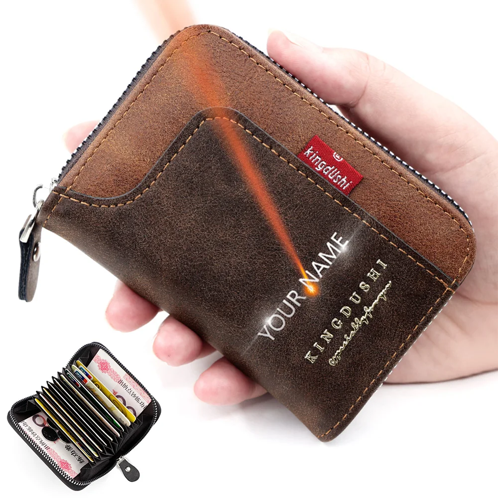 

New Short Men Wallets Name Engraving Card Holder Zipper Male Coin Purses High Quailty Organ Card Clip Men Money Clips
