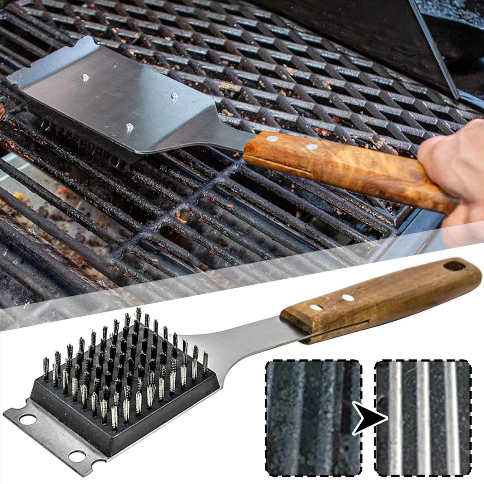 

BBQ Brush 304 Stainless Steel - Grill Brushs for Outdoor grill with Extended, Large Wooden Handle Cleaning brush, Camping Tools