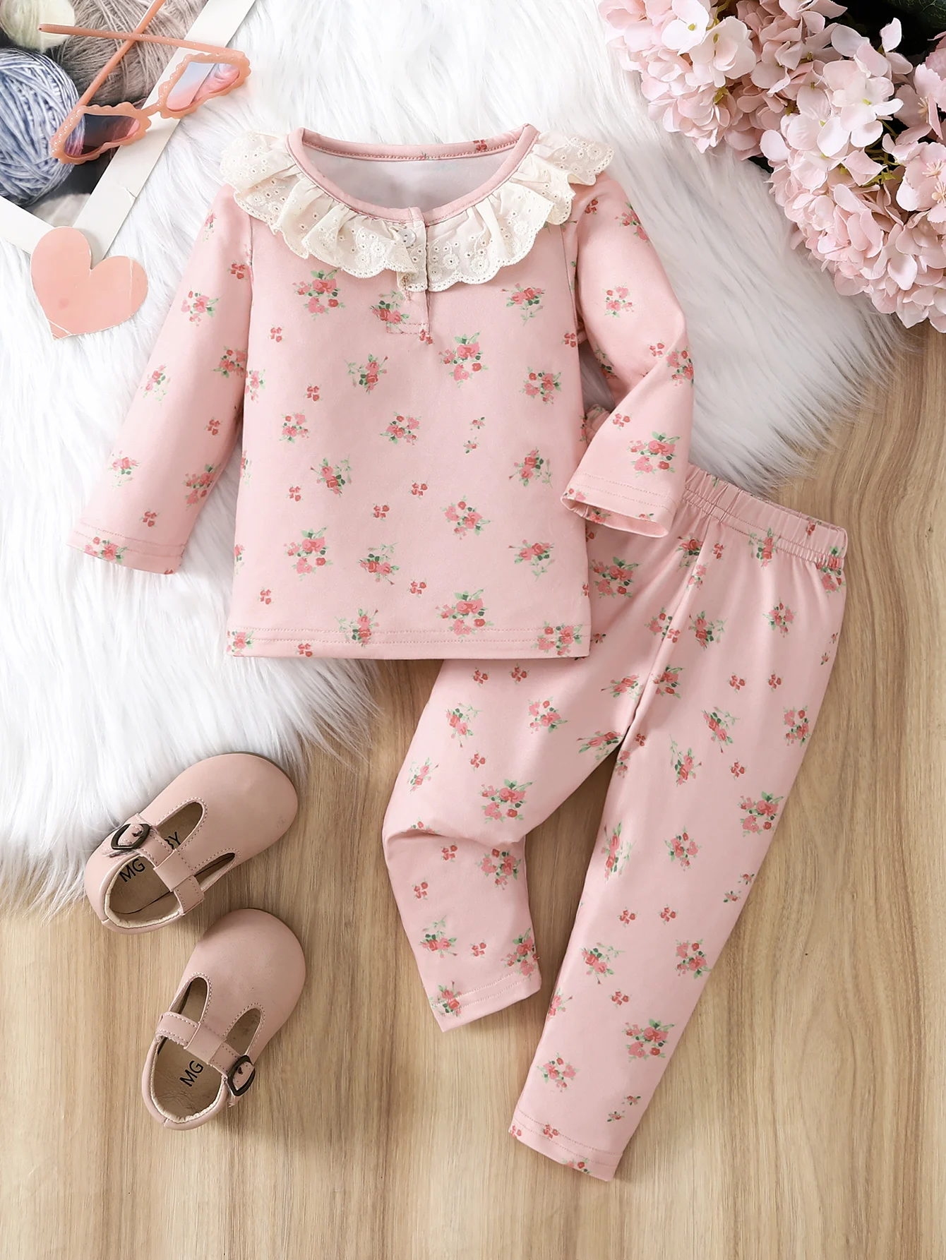 

Spring and Autumn for Baby and Young Girls Cute Floral Pattern Lace Collar Pullover and Trousers 2-Piece Set, Girl's Cute Floral