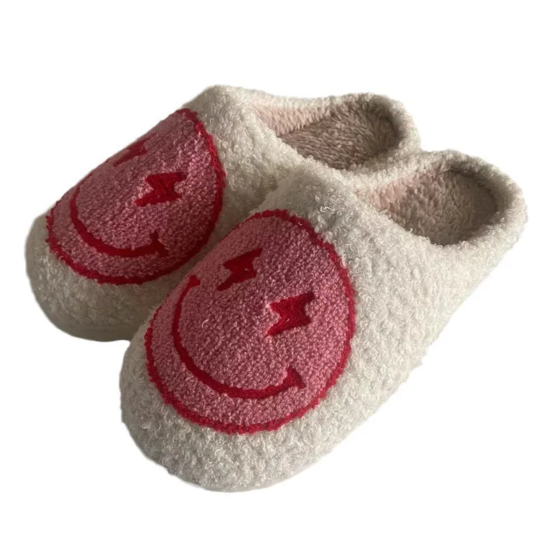 Fashion Cute Smiling Face Women Shoes 2024 Winter New Warmth Plush Slippers Women Flat Bottom Comfort Non-slip Cotton Slippers