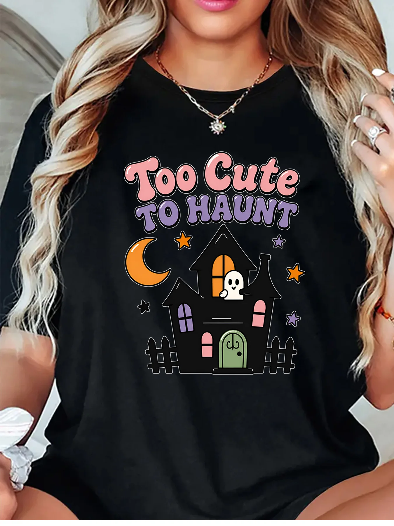 Too Cute To Haunt Ghost Haunted House Halloween Graphic Womens T Shirt Short Sleeve Crew Neck Spooky Casual Ladies Tee Tops