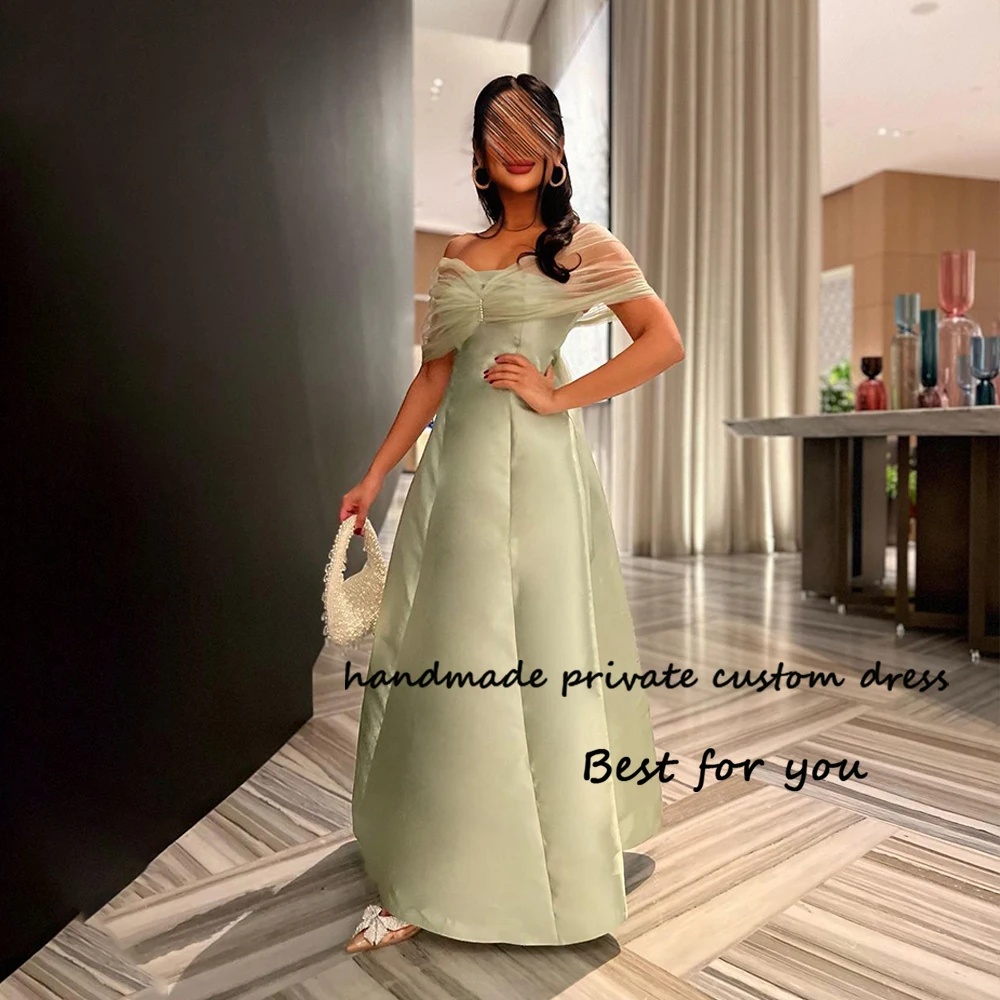 

Sage Green Off Shoulder Evening Dresses Satin Tulle A Line Formal Dress Floor Length Arabian Dubai Prom Party Gowns