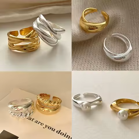 925 Sterling Silver Rings For Women Geometric Fine Jewelry Finger Adjustable Gold Interware CZ Ring For Party Birthday Gift