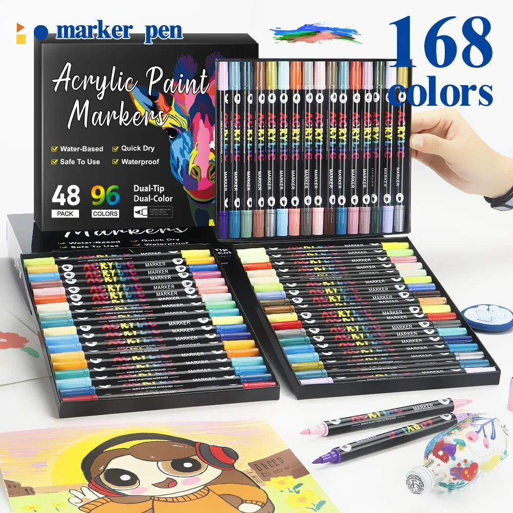 

12 pcs/24 colors Double headed dual color acrylic marker pen, soft tipped drawing pen, stationery set, graffiti pen