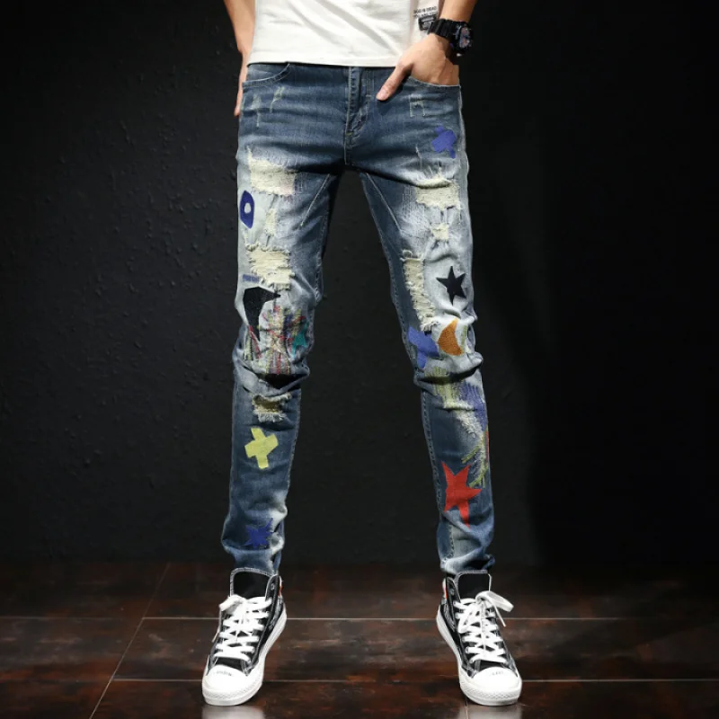 

Street Fashion Designer Hip Hop Men's Jeans Vintage Blue Slim Stretch Hole Embroidered Small Straight Men's Jeans