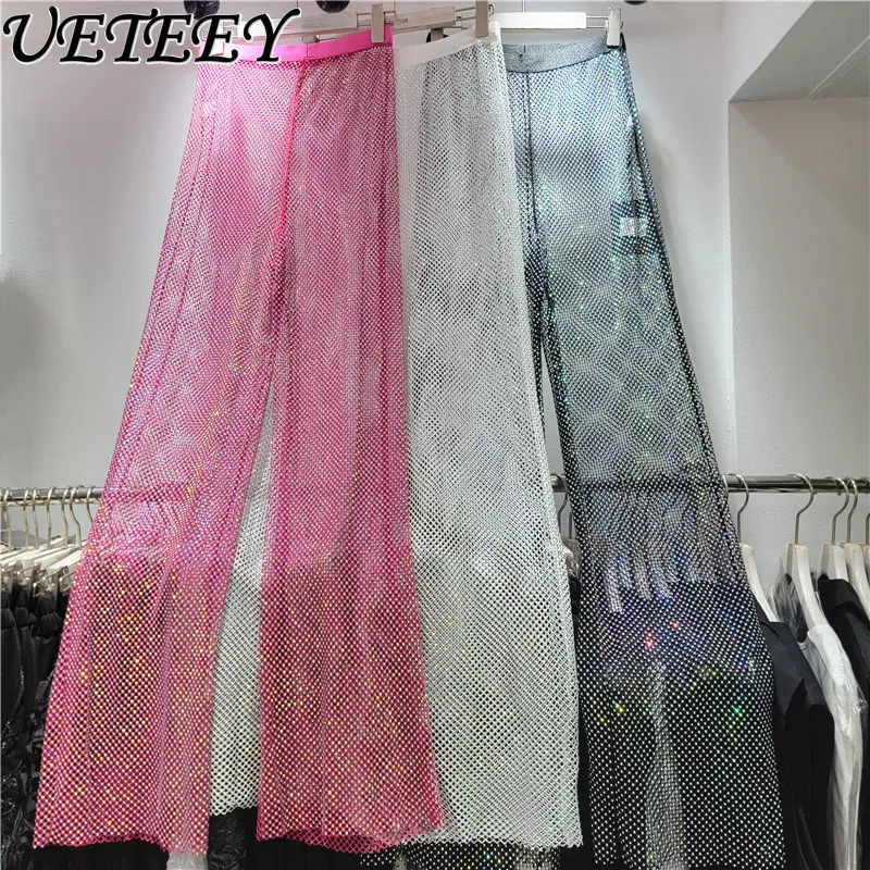 

Sexy Hollowed-out Colored Diamond Sparkling Mesh Wide-leg Pants Slim-fitting High-waisted Mopping Pants Straight-leg Trousers