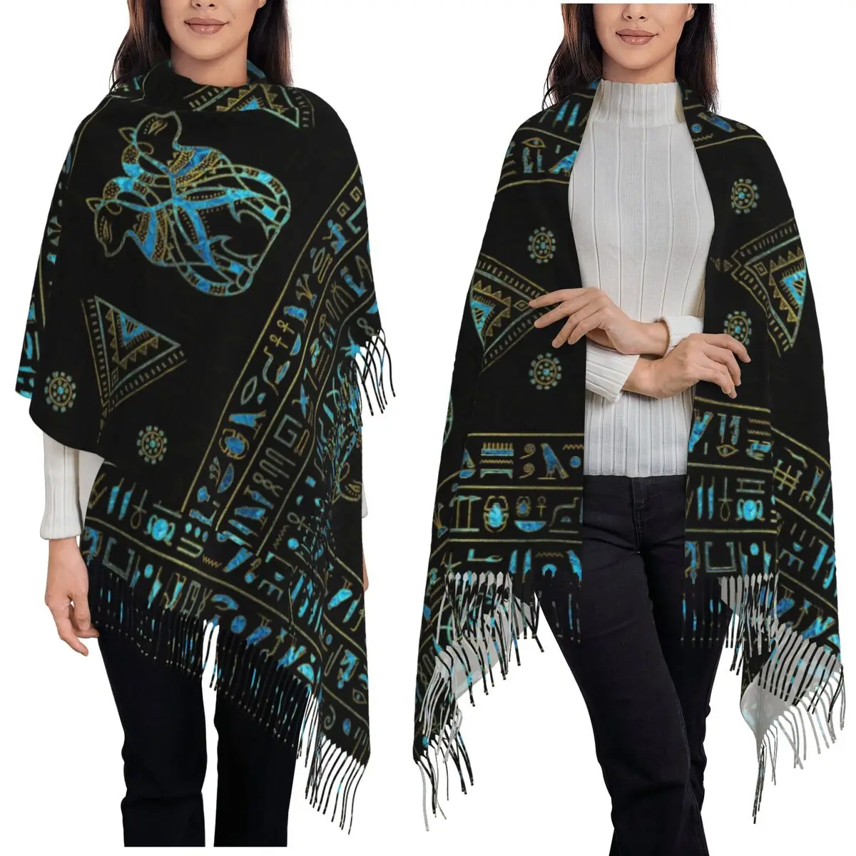 

Древние египетские кошки, золотые и синие витражи, шарф, шарфы с кисточками, теплые шали и накидки, длинная осенне-зимняя шаль