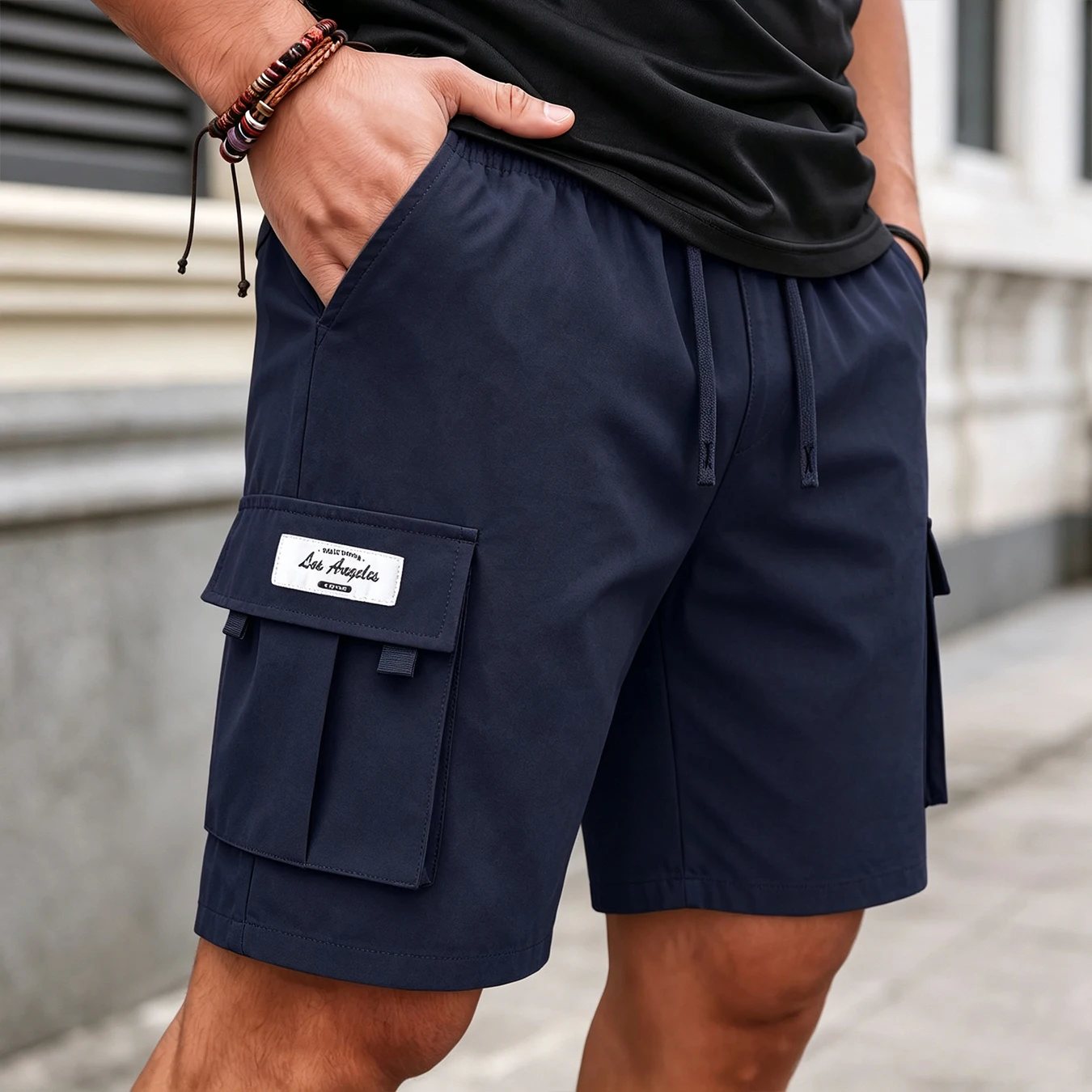 Summer Quick Dry Cargo Shorts for Men Elastic Drawstring Multi Pocket Loose Fit Outdoor Casual Five Inch Shorts