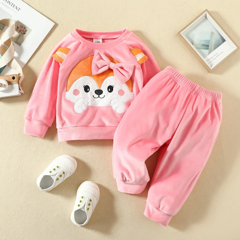 

Winter Fall Spring 0 TO 2 Years Baby Girl Colthes Lounge Set Velvet Long Sleeve Top Pants Fox Bow Fashion Outfit 6-18 Months