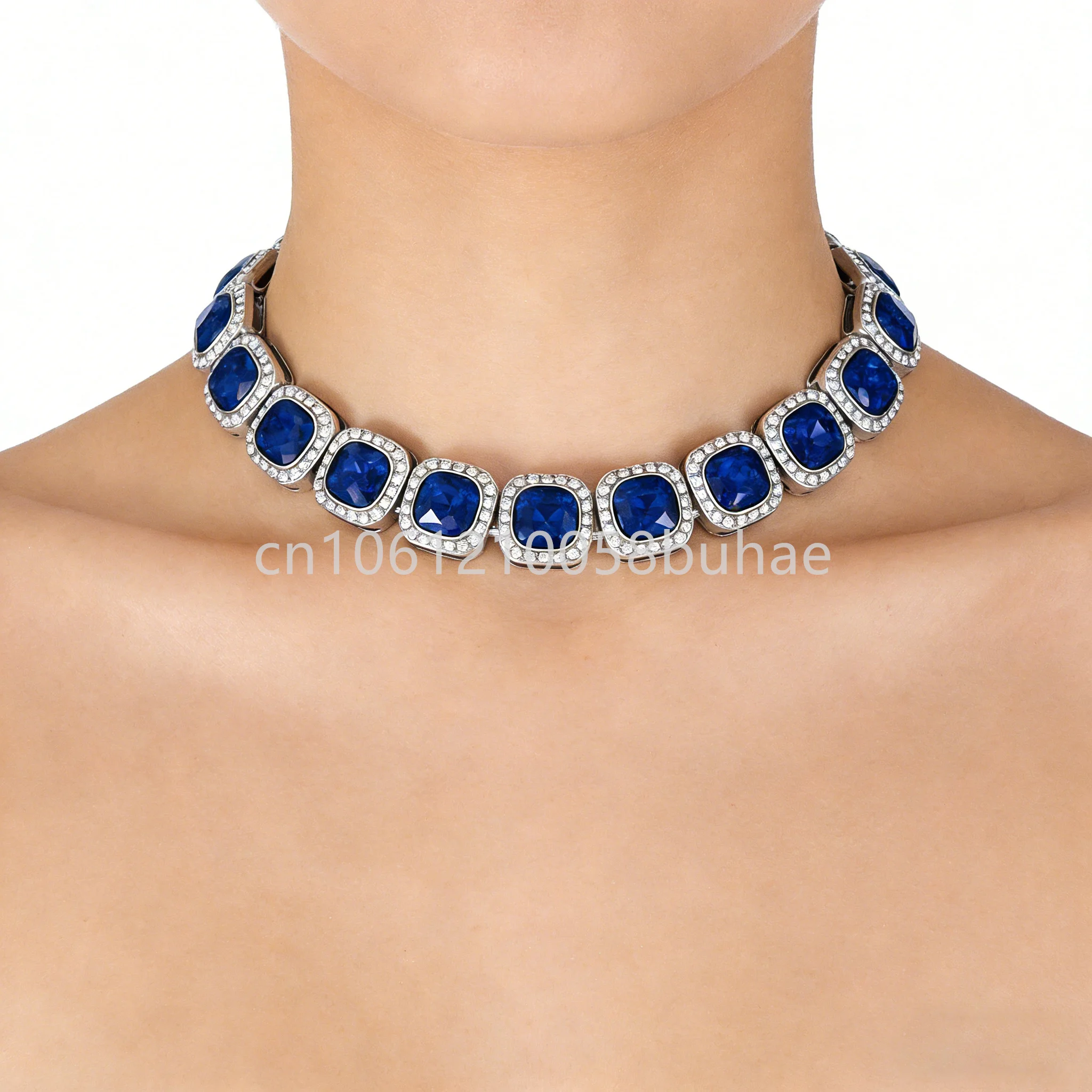 New Iced Out Bling Chain Choker Necklace Blue Zircon Rhinestones Tennis Chain Bracelets Hiphop Jewelry For Men Women