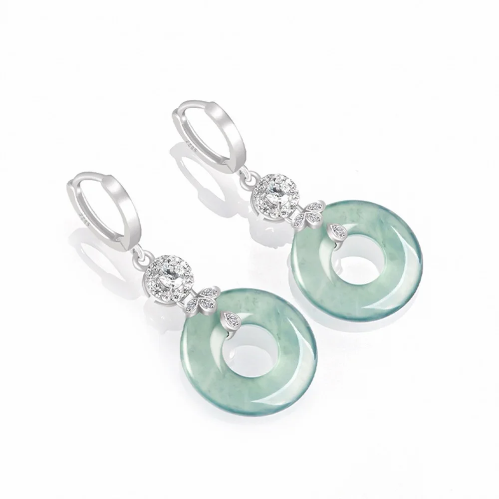 

Real Solid 925 Sterling Silver Hoop Natural A Grade Jade Jadeite Circle Dangle Earrings