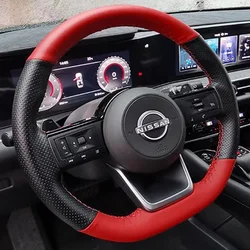 Hand-stitched black red Genuine Leather car Steering Wheel Cover For Nissan Qashqai J11 J10 2023 Pathfinder 2024 2025 auto parts
