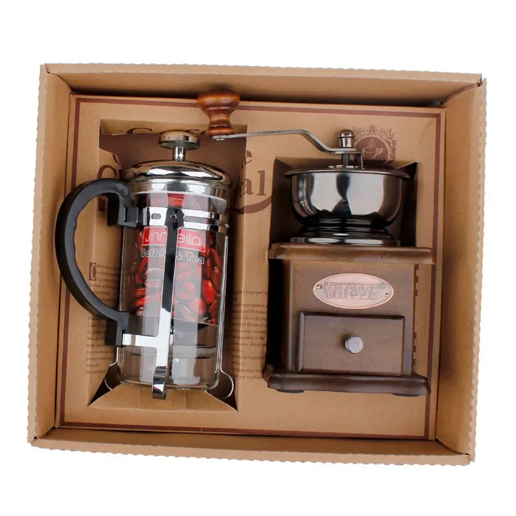 YYHC-Coffee Tool Gift Set French Press Maker and Wood Manual Coffee Bean Grinder Gift Box