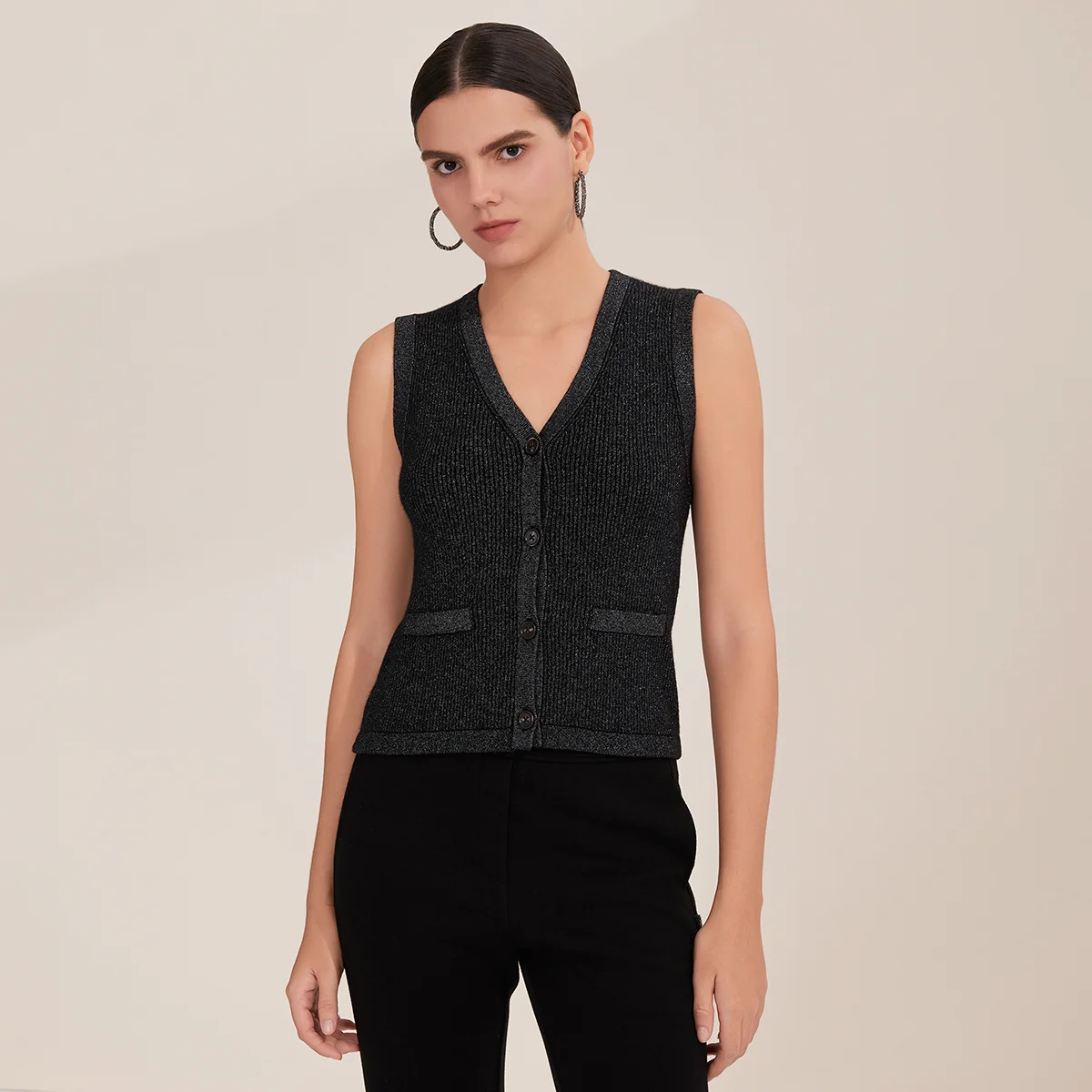 

BY4521276 Women's Sleeveless V-Neck Button Front Cashmere Blend Cardigan Ribbed Knit Vest Pockets