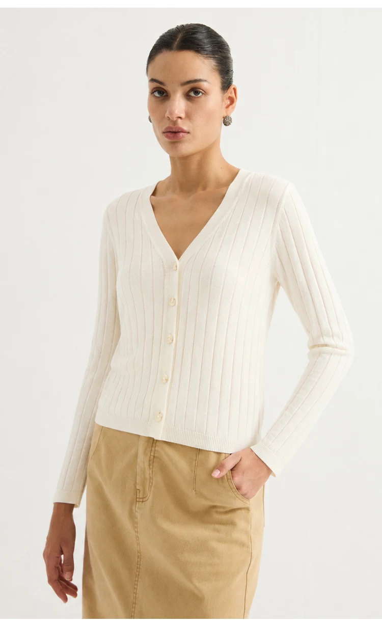 MZ62018 Damen Eleganter Gerippter Strickpullover mit V-Ausschnitt, Langen Ärmeln, Knopfleiste, Schmaler Passform, Modal-Mischung, Frühherbst-Pullover – Detail 5