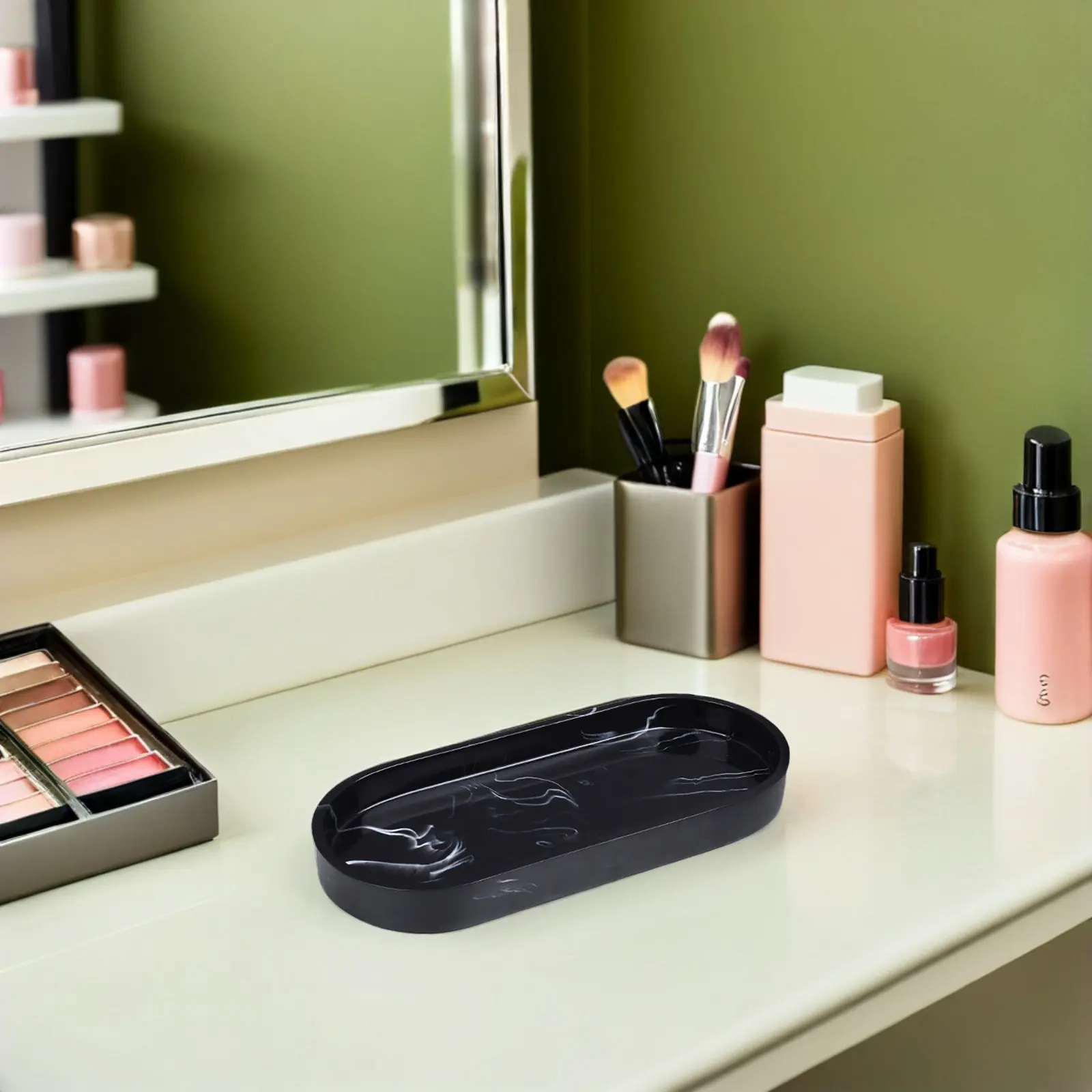 

Black Rectangular Marble Resin Tray 7.86'' Non-Slip Bathroom Vanity Organizer for Towels Keys Jewelry Easy Clean Surface