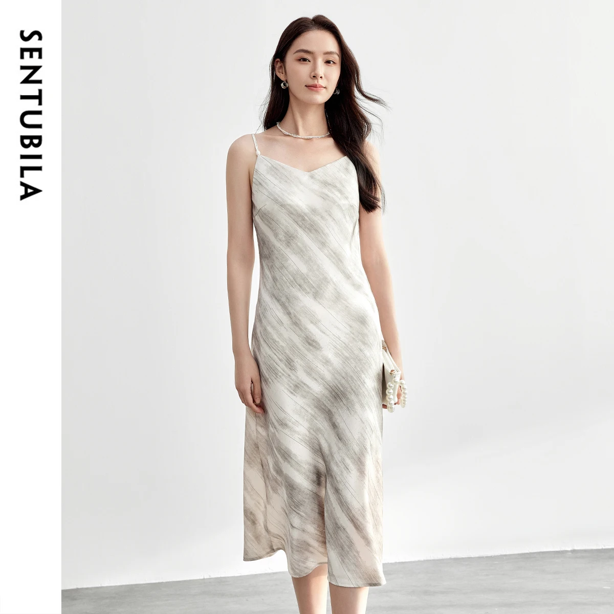 

SENTUBILA Spring Printing Womens Dresses 2025 Straight Commute Beading V Neck Sleeveless Elegant Sexy Folds Long Dress 151L58621