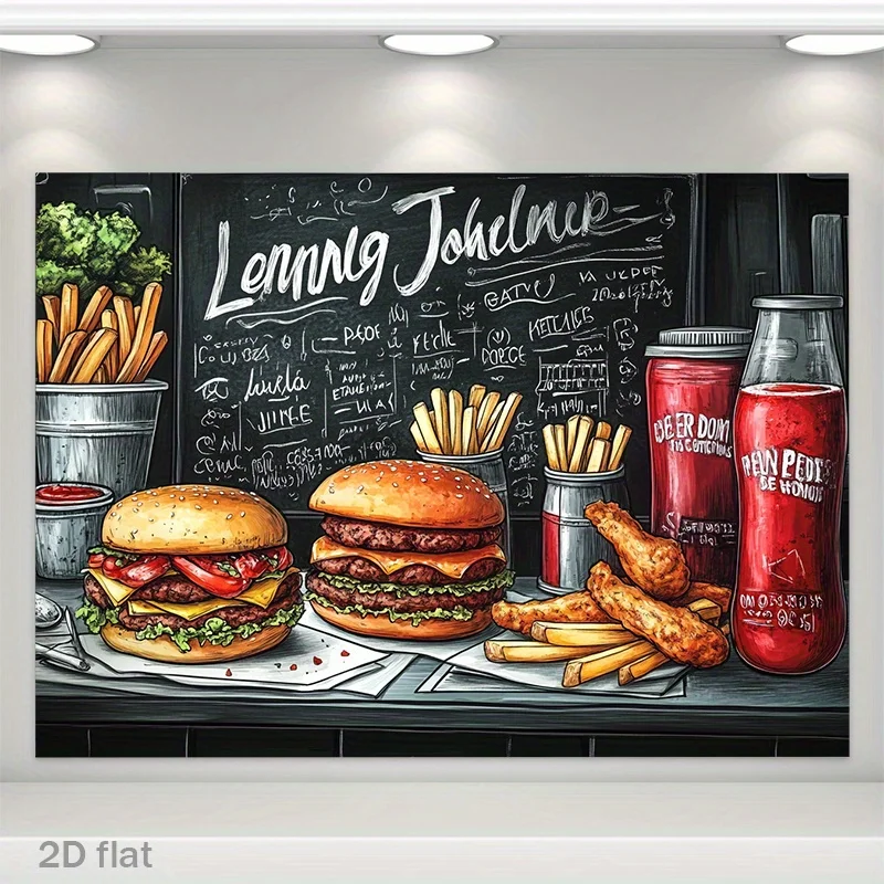 Burger and Fries Tapestry Fast Food Menu Chalkboard Style Grill Restaurant Cafe Kitchen Dining Room Wall Art Home Decor Backdrop