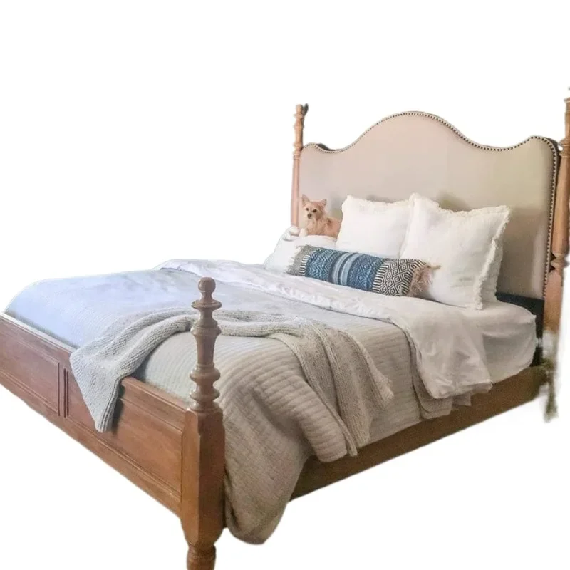 

Nordic country solid wood bed French vintage Roman column double princess bed