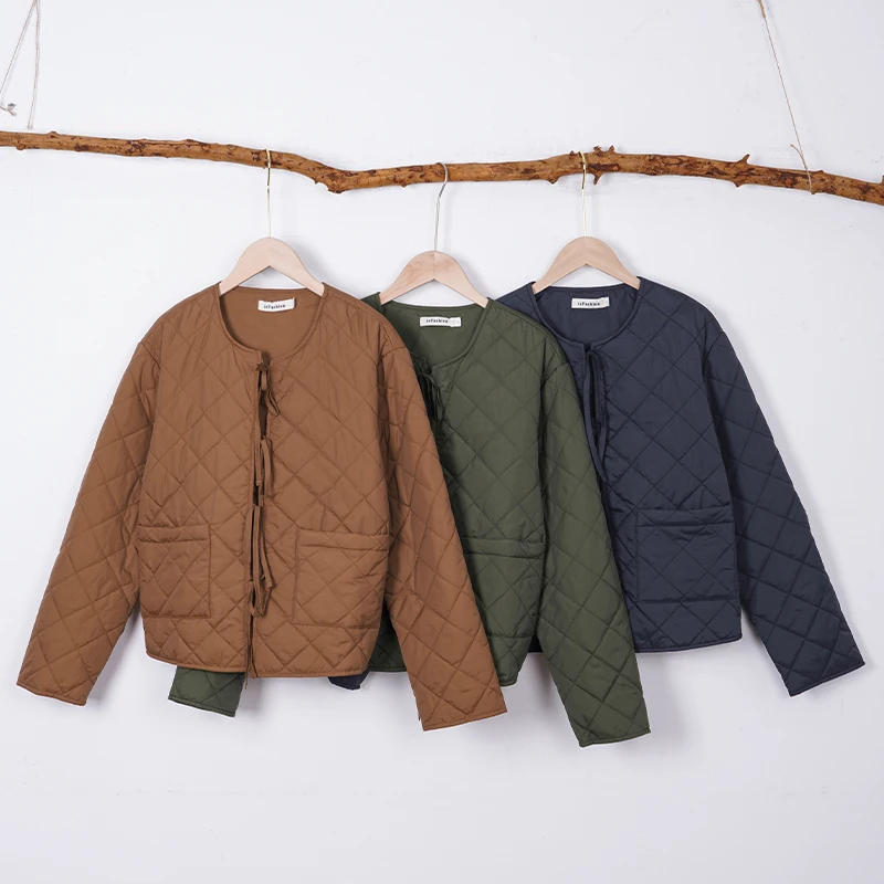 الدانتيل متابعة مبطن سترات قطنية النساء اللون البني شتاء جديد بأكمام طويلة س الرقبة خفيفة الوزن معطف دافئ جيب الإناث أبلى #3