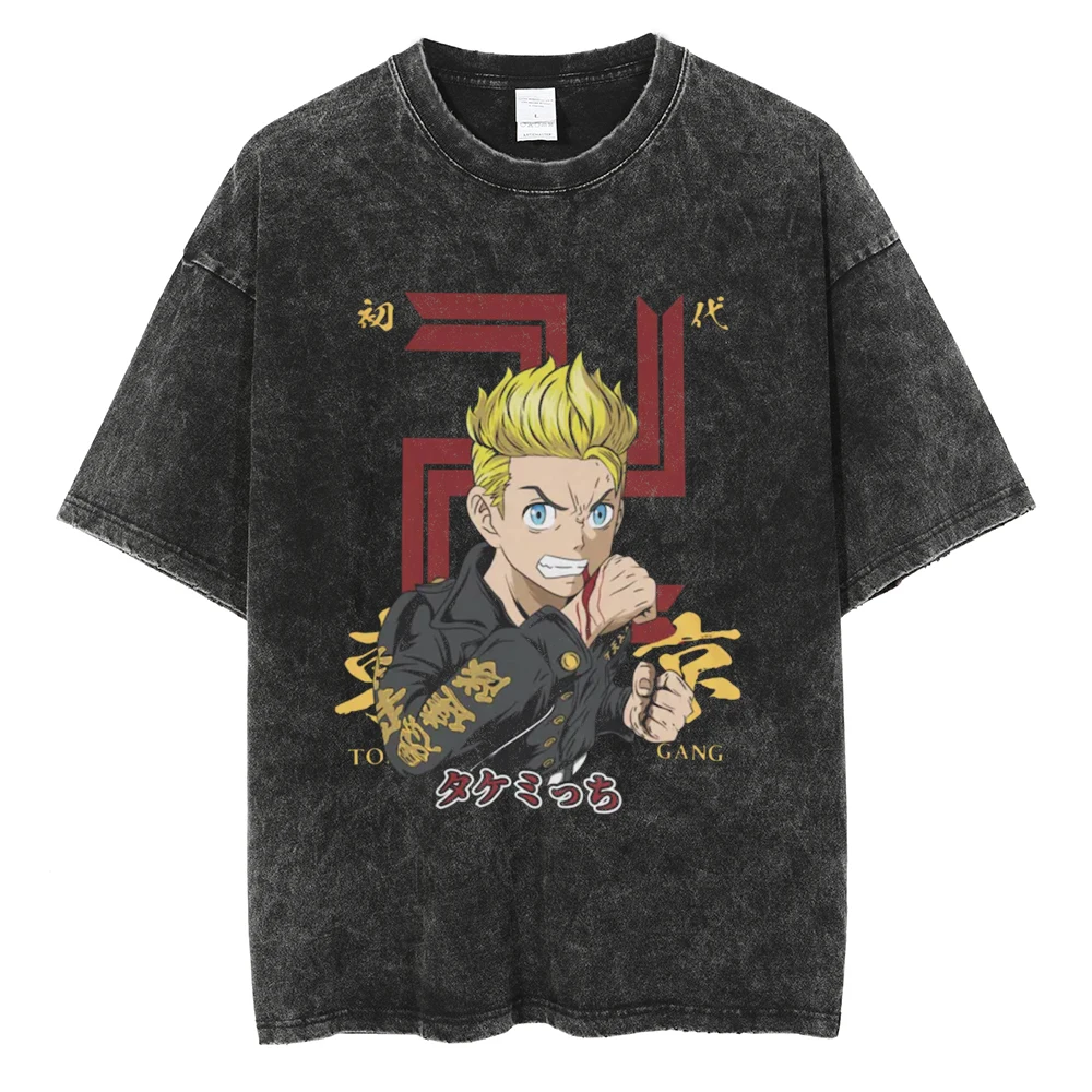 

Harajuku Streetwear Anime Graphic Print Washed Vintage Black Short Sleeve T-Shirt Men Summer Casual Loose Cotton Tee