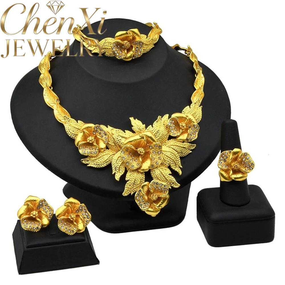 High-End Luxury Elegant Alluvial Gold Fashion Popular Jewelry Set Women Wedding Party Banquet Necklace Earrings Ring 4pcs Gift