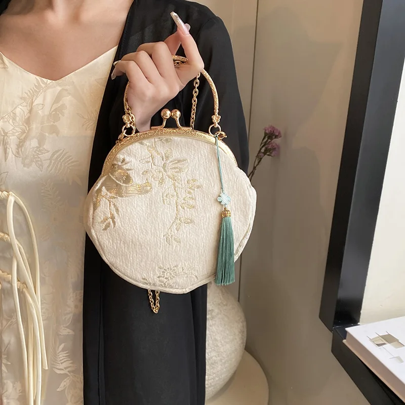 Elegant Women Embroidery Bright Silk Evening Clutch Retro Chain Messenger Bag Luxury Female Party Small Totes Handbags And Purse