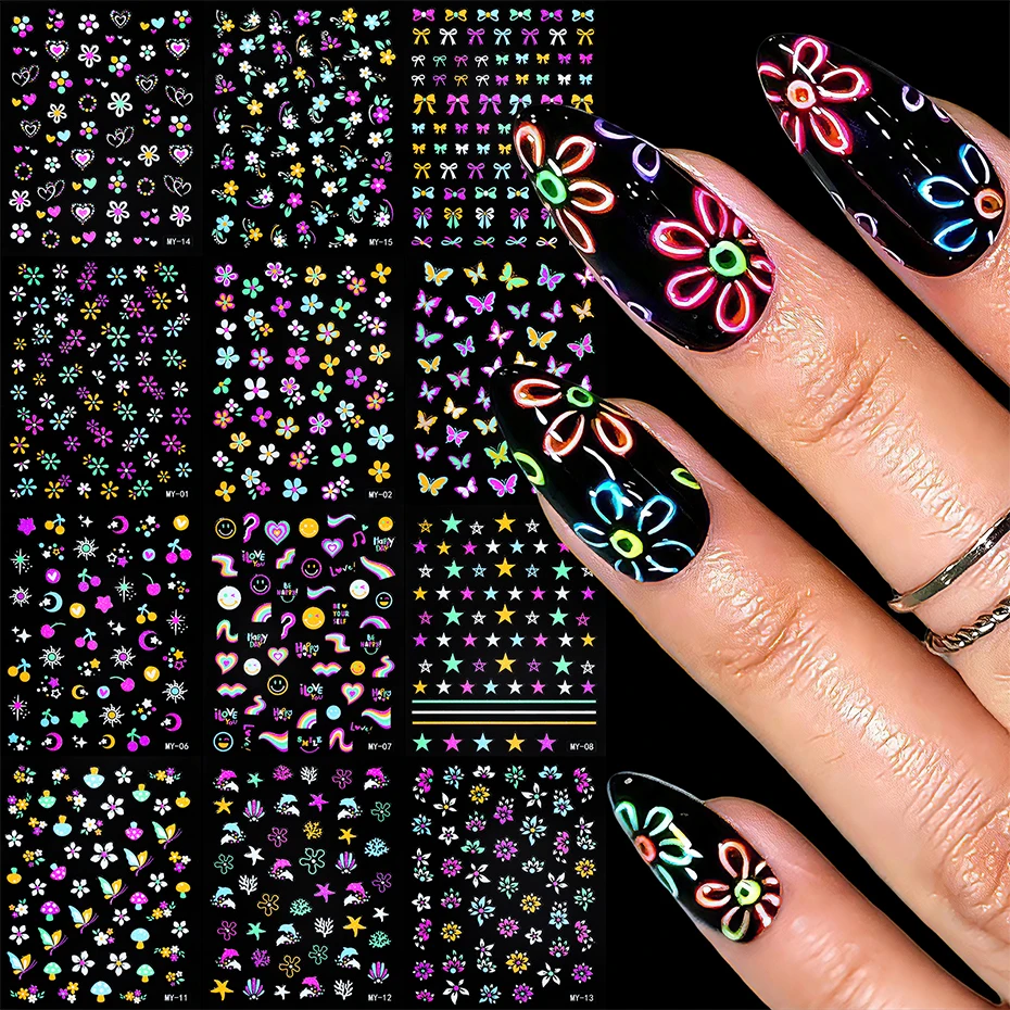 15 Sheets Fluorescent Nail Stickers Butterfly Flower Star Heart Bow Nail Decals Cute Neon Nail Art Sticker Decorations Manicure