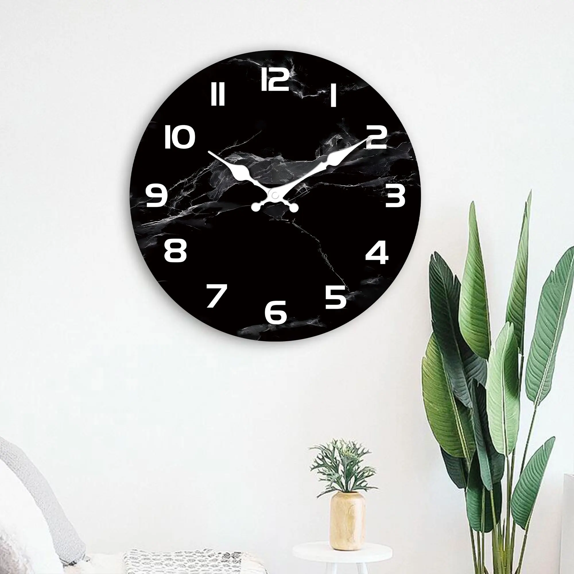 1pc Simple Black marble textured wooden wall clock - Silent non-ticking round clock, suitable for living room bedroom, room deco