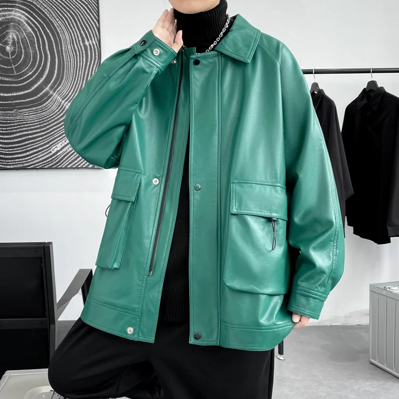 Green/Black Leather Jacket Men Fashion Pocket Casual Motorcycle Jackets Mens Streetwear Loose Hip-hop Bomber Jacket Men Outwear