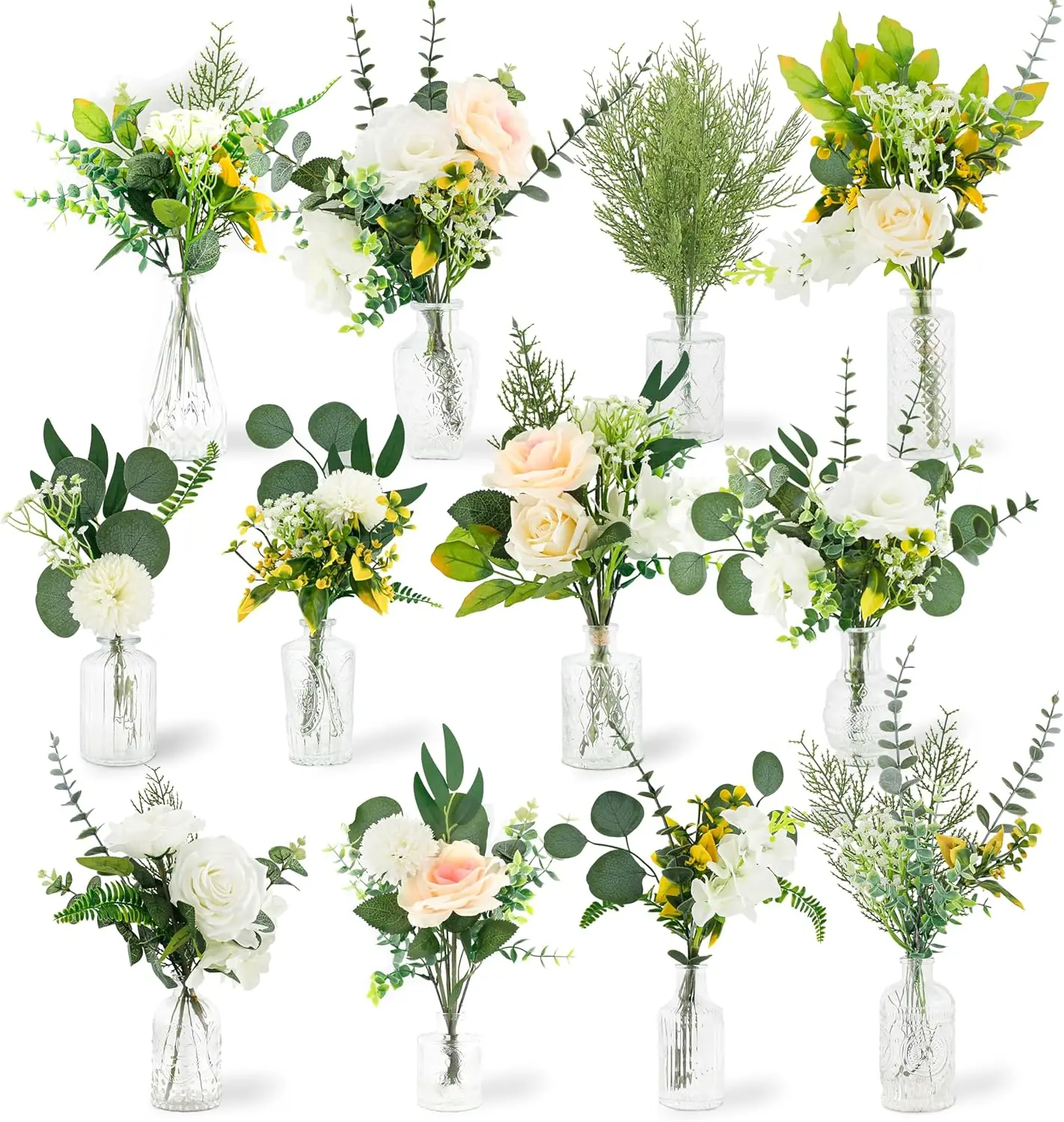 114Pcs Artificial Flowers in Vases Set Fake Flower Greenery Stem Bulk Sets with 12PcsGlass Bud Vases Artificial Plants & Flowers