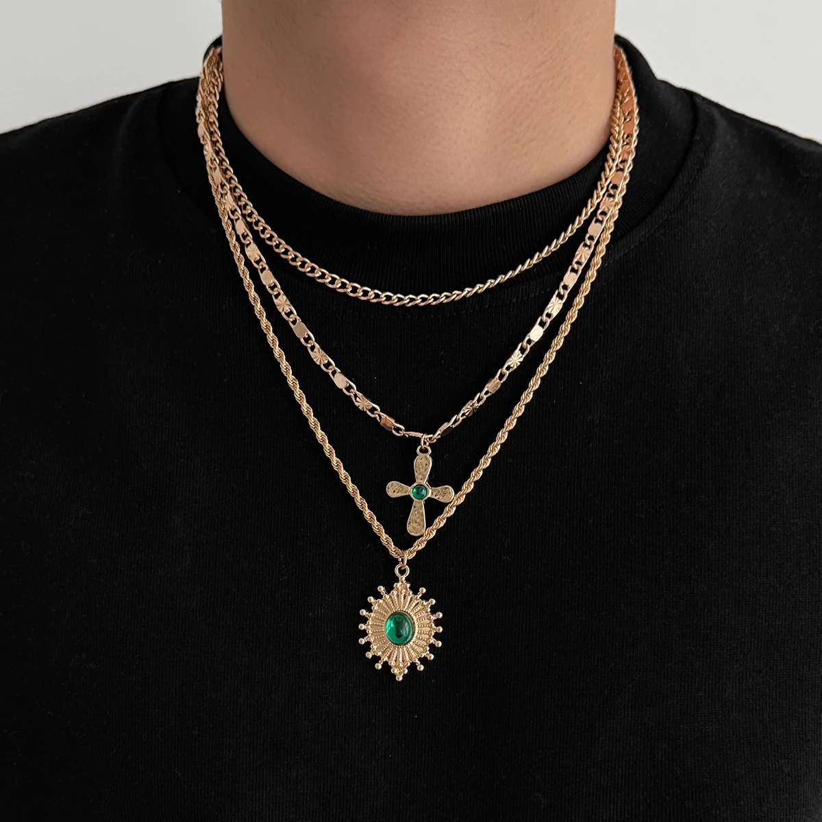 

Salircon 3 Pcs/set Trendy Luxury Inlay Rhinestone Jesus Cross pendant Necklace Men Hip Hop Twists Clavicle Chain Choker Jewelry