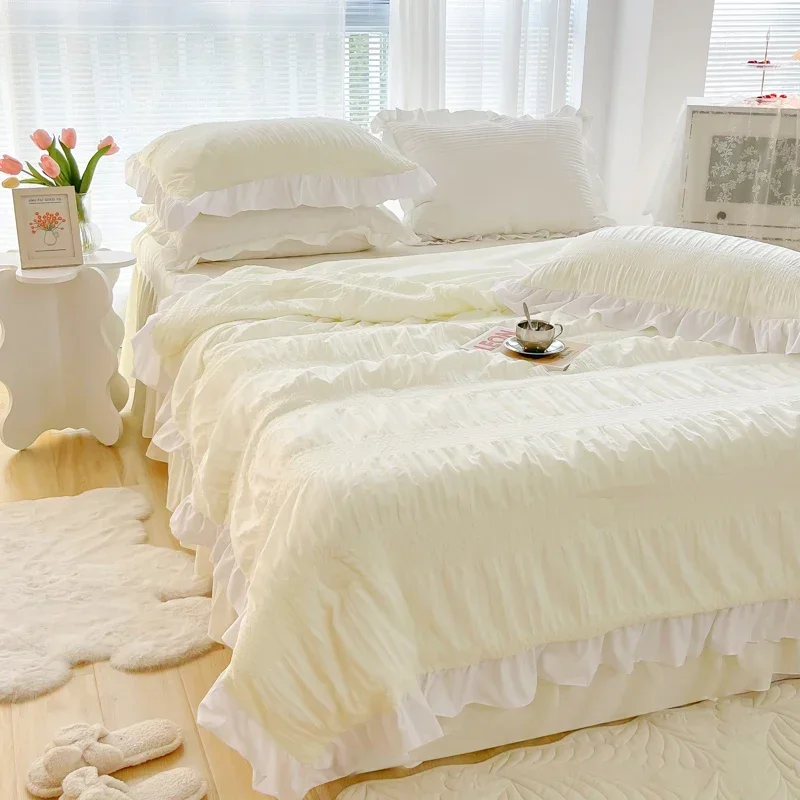 Lace Summer Quilt Summer Seersucker Korean Version Solid Color Bed Skirt Lace Summer Quilt Four-piece Set