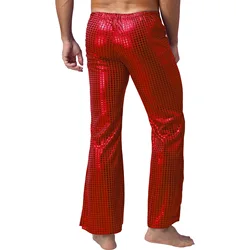 Calça comprida masculina com lantejoulas brilhantes, fantasia de bailarina, calça cantora, calça flare, fundo de sino, cós elástico, hip hop, festa de discoteca, anos 70