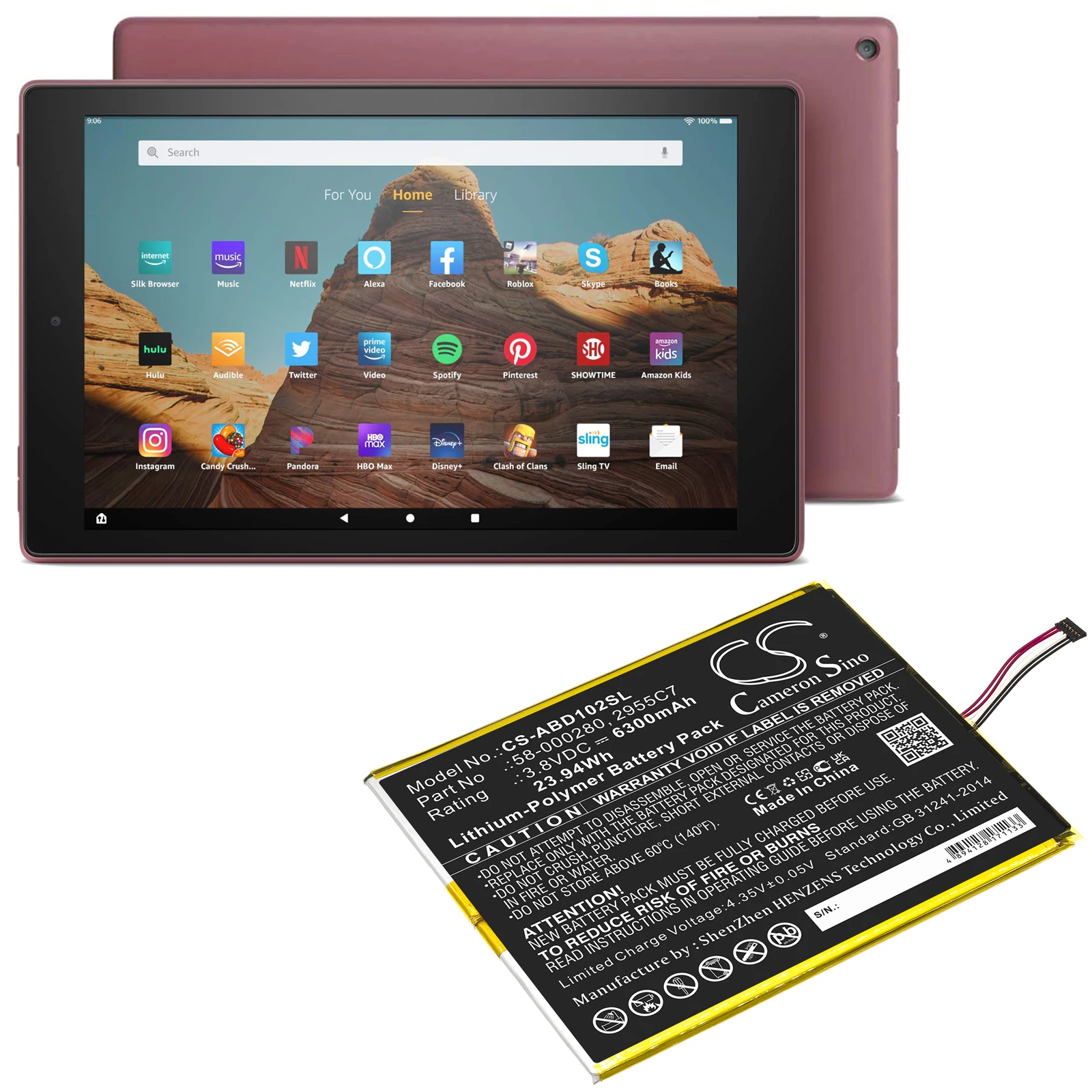 Tablet  Battery For 2955C7  58-000280 Kindle Fire HD 10.1 9th  M2V3R5 Volts 3.8 Capacity 6300mAh / 23.94Wh