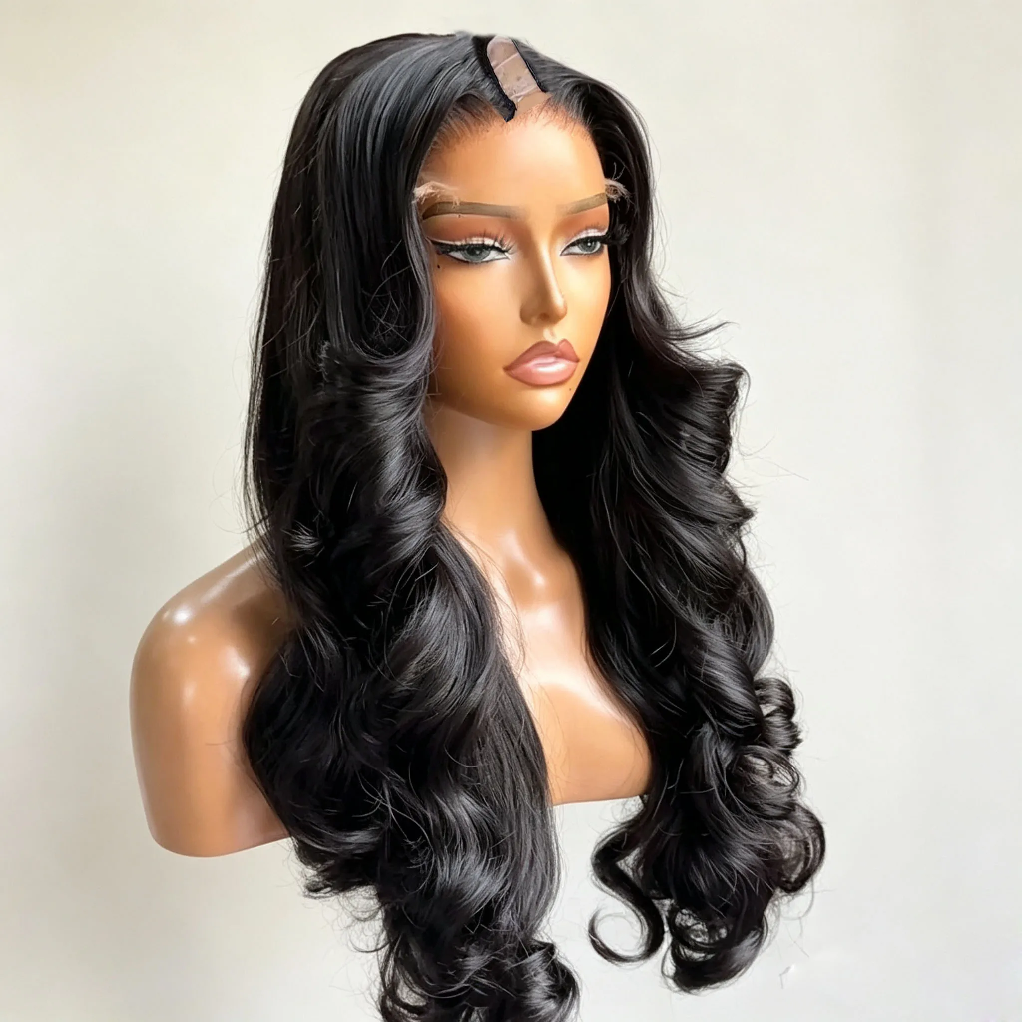 Body Wave V-Teil-Perücke Braun Schwarz Remy Echthaar 250% Wellige U-Teil-Perücken für Frauen Anfängerfreundliche Haarperücken Einfache Anbringung – Detail 2