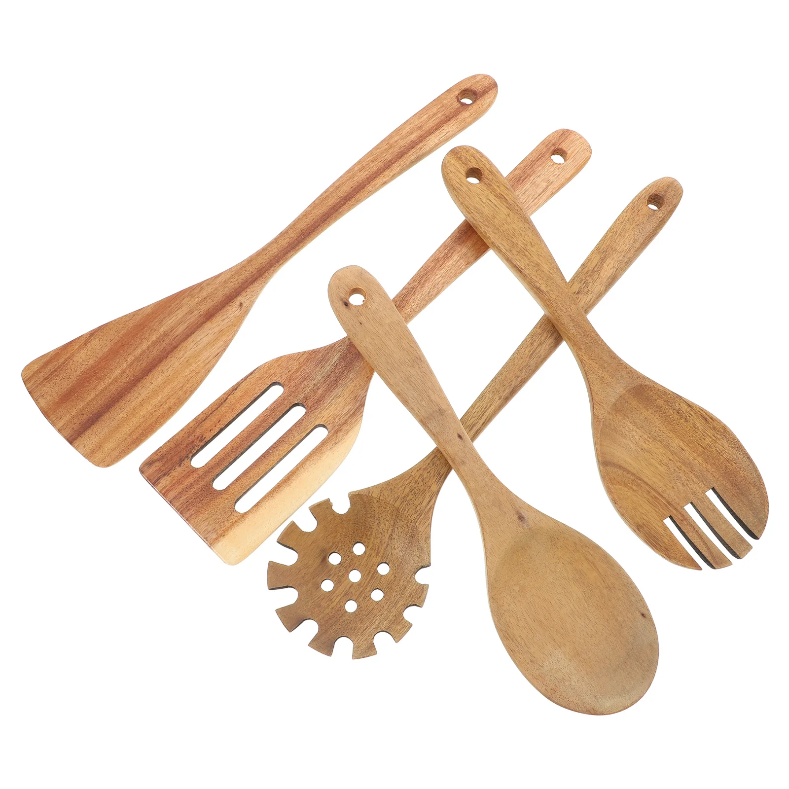 

5 pcs Wooden Kitchen Utensils Set Heat Resistant Wood Cooking Spoons Non-Stick Soup Ladle Spatula Slotted Spoon For Home Cooking