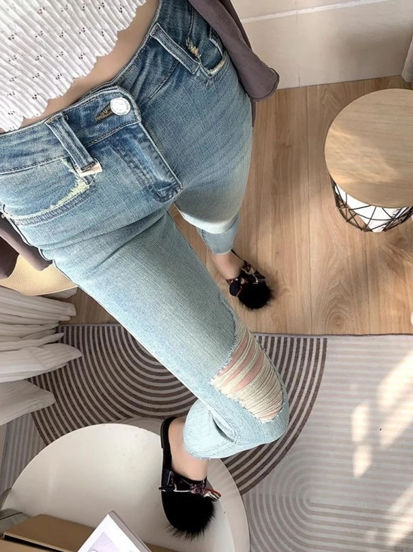 Slim Fit High Waist Denim Jeans Women's Autumn Spring High Elasticity Boot Cut Hole Punching Pure Color Jeans Tight Bodycon