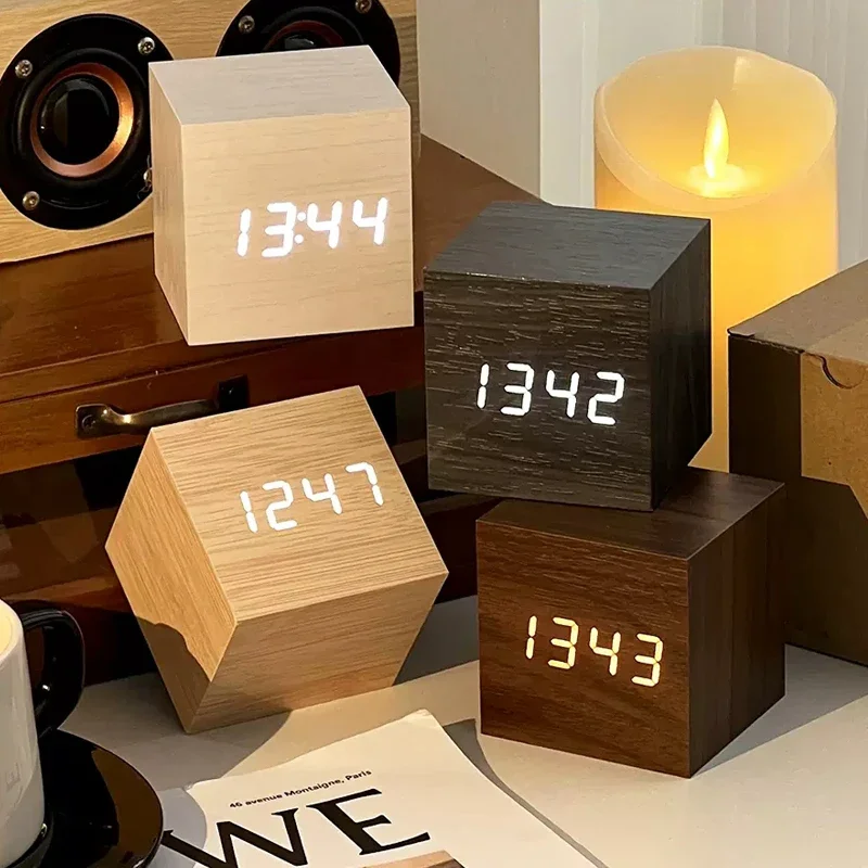 Wooden Digital Alarm Clock with Temperature Sound Control Electronic Clocks Desktop USB/AAA Powered LED Bedside Clock