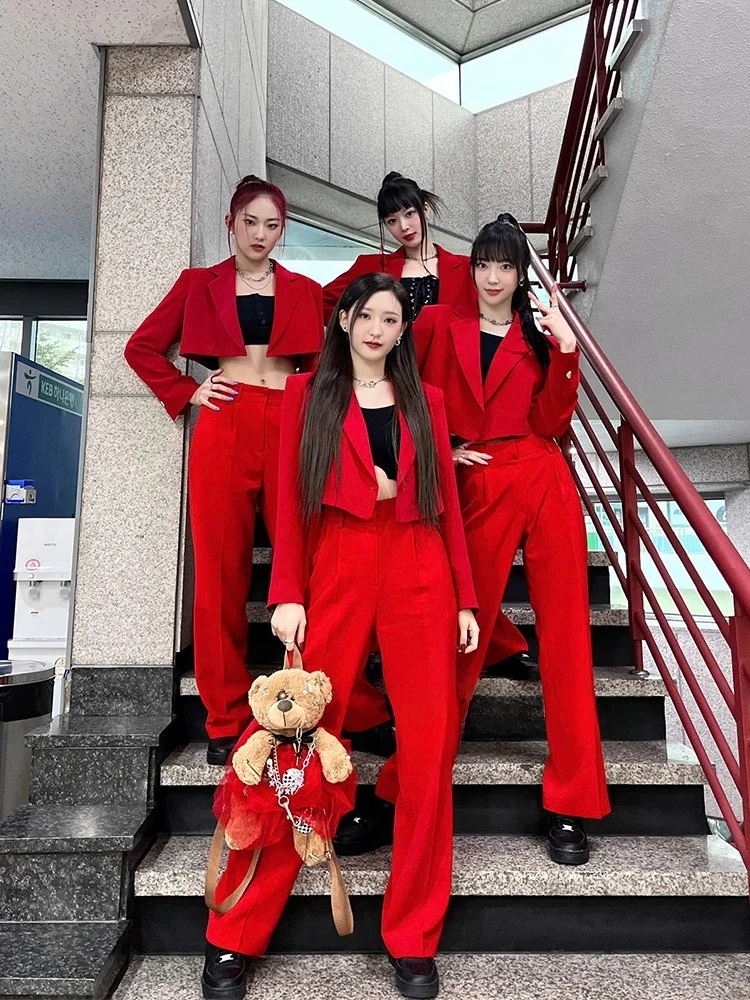 Red Stage Performance Outfit Korean Dance Female Group Style Performance Costume Cotton Fabric Traditional Chinese Ethnic Wear